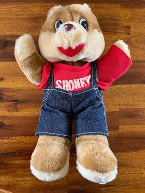 1995 SHONEY’S Restaurant TEDDY BEAR In Bib Overall Plush Mascot Advertising  11”